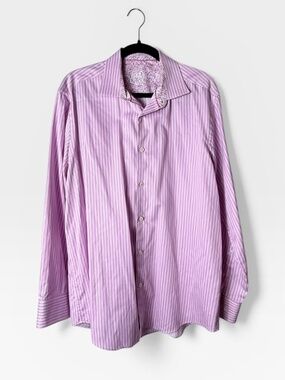 Bugatchi Men's Pink Floral Striped Button Up Long Sleeve Shirt Size 17 34/35 (0)
